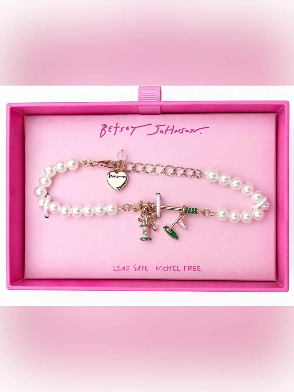 Betsey Johnson Pearl Golf Charm Bracelet Pink Gold Tone Coquette Preppy NWT